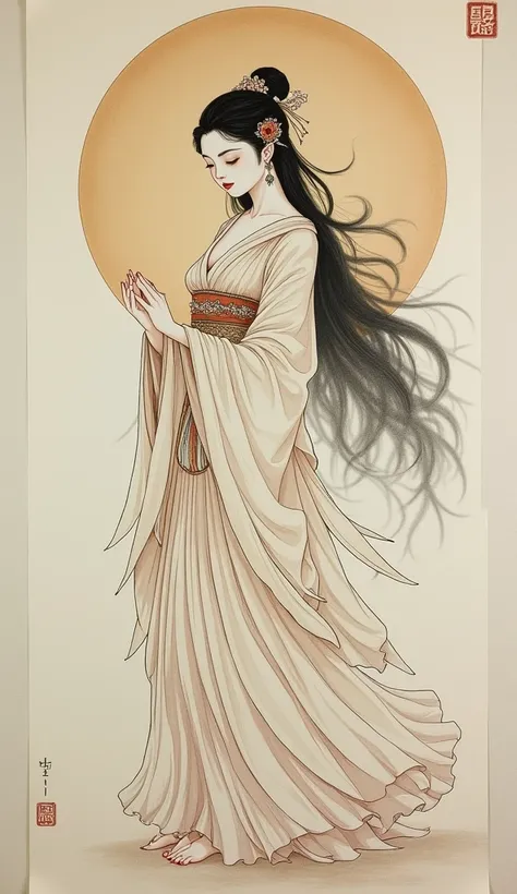 Japanese painting。Beautiful Moon Goddess。whole body。Ancient Japanese Goddess。silver plain background。