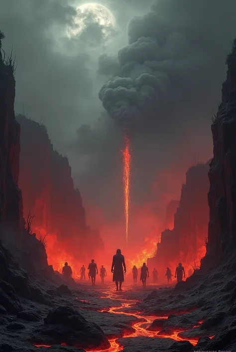 stark and terrifying vision of Nark (Hell), characterized by a dark, ominous landscape. Fiery pits with glowing red and orange flames dominate the scenery, emitting smoke that veils the sky in gray and black. The ground is barren and cracked, strewn with j...