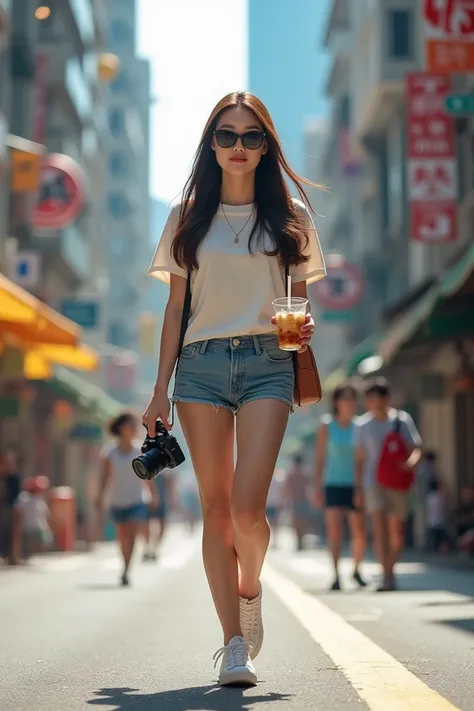 Beautiful Korean woman with long straight hair neat blue white color wearing T-shirt shorts jeans casual shoes is walking in the middle of urban Hongkong while carrying a digital camera and a glass of ice boba urban background Hongkong 