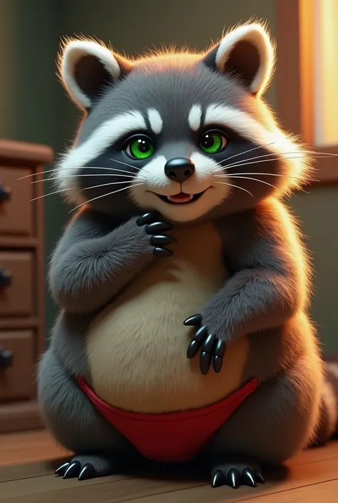 A chubby humanoid raccoon ,very hairy and with green eyes  , masturbating while smelling his boxer,Zootopia style .