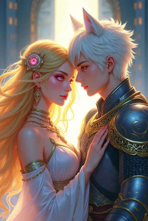 saintess with golden hair and pink eyes wearing a dress and her holy knight with white shoulder length wolf cut and one eye green one eye blue. manhwa cover atyle