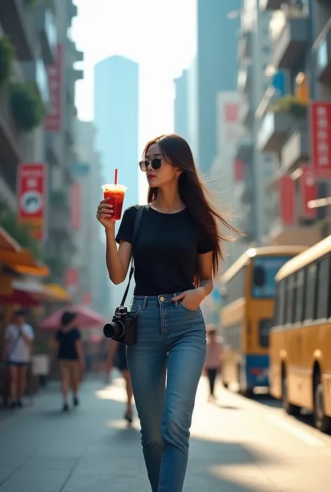 Beautiful Korean woman with long straight hair neat blue white color wearing long jeans t-shirt in black color casual shoes is walking in the middle of urban Hongkong while carrying digital camera and glass of ice boba urban background Hongkong 