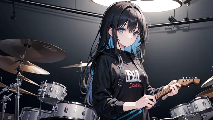 Rock Band、 background is studio、 black hair、Black clothes、 pretty girl