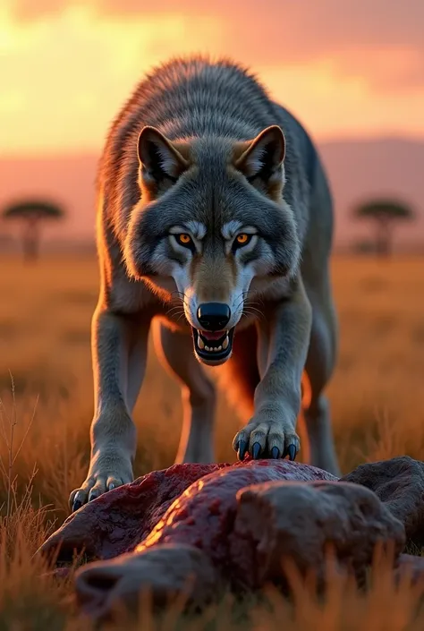 Create an image of a wolf in a savanna environment, crouching over a carcass similar to the one in the reference image. The wolf should appear intense and focused, with realistic textures and lighting resembling a sunset." 3D realistic 