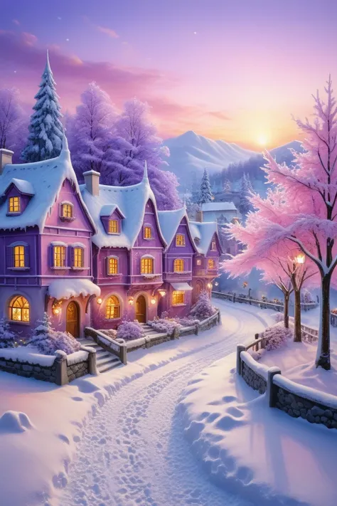 amazing, photorealistic winter fairytale scene ,  demonstrating the beauty of nature in its purest form .  Snow covers the ground ,  turning trees and buildings into charming frost sculptures. buildings,  decorated with twinkling lights and snow-covered ro...