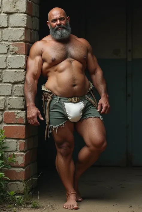  Muscular and fat Maori man ,  sturdy body  ,   hes wearing bricklayers clothing  ,   Hes leaning against a wall  , hes barefoot ,   Let your whole body  ,   you have a short beard and youre bald  ,   you can see your white underwear , You can see your che...