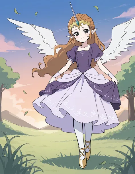score_9, score_8_up, score_7_up, solo, 1girl, solo, stkyswt, flat color, sketch, black eyes, twilight princess, pony, looking at viewer, blush, light smile, unicorn horn, pegasus wings, princess dress, purple dress, white pantyhose, gold footwear, hooves, ...
