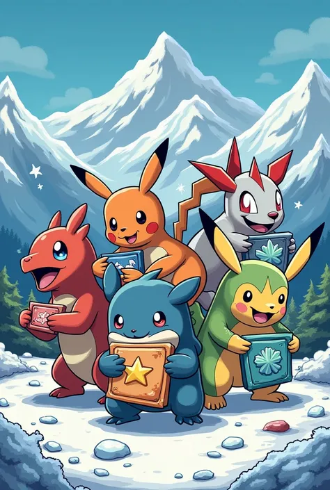 Différents Pokémons en bande dessinée pas enfantin à la montagne enneigée qui ouvrent des paquets de boosters 