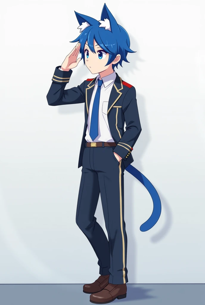  male anime character with blue-haired cat ears standing saluting(Seeing only one )