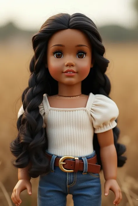 caramel skinned american girl doll, with long black braids, dark brown eyes, long volumious lashes, big lips, wearing a country white top, belt, and blue jeans 