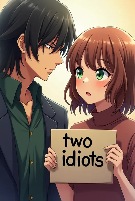  Gojo Satoru without a blindfold,  Looking at a girl .  She has brown hair below her shoulders , wavy.  The girls eyes are green .  She is holding a sign ,  that says : "Two idiots ".  high quality ,  Anime style .  Glossy colors 