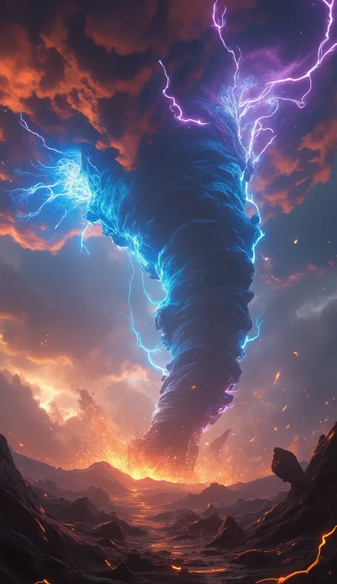 An intensely powerful and chaotic tornado storm, radiating with fantastical energy and violent force. The vortex is massive and electrifying, glowing in vivid hues of electric blue, fiery orange, and neon purple. Bolts of jagged lightning crackle and spira...