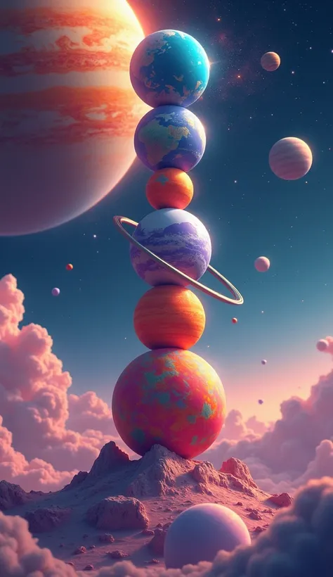 Design a colorful space-themed puzzle game where planets of different sizes and colors stack strategically under Earths gravity, 3d game render, HDR