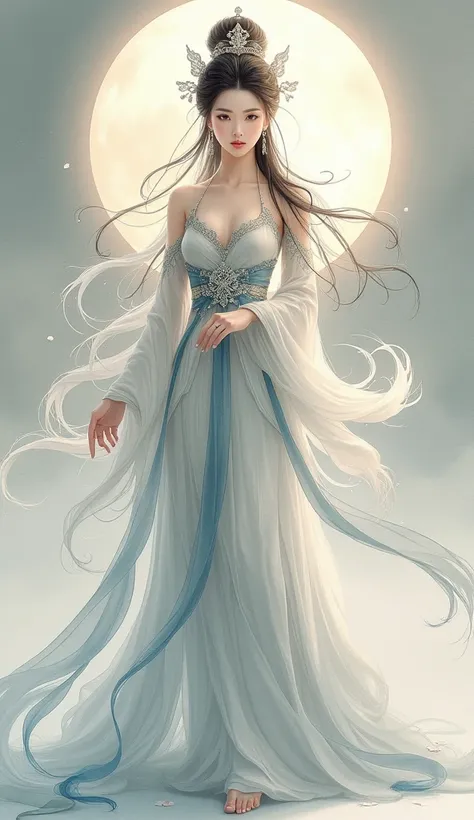 Watercolor。Beautiful Moon Goddess。whole body。Ancient Chinese Goddess。silver plain background。