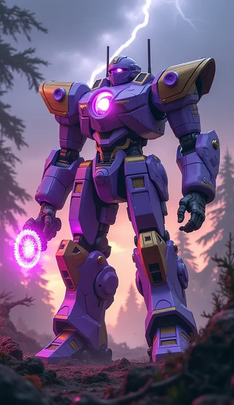 "A massive muscular warbot inspired by Rapunzel from Disneys Tangled, standing in a warzone. The warbot’s body is armored with light purple and gold panels, reflecting the colors of Rapunzels gown and the golden strands of her hair. Neon light pulses from ...