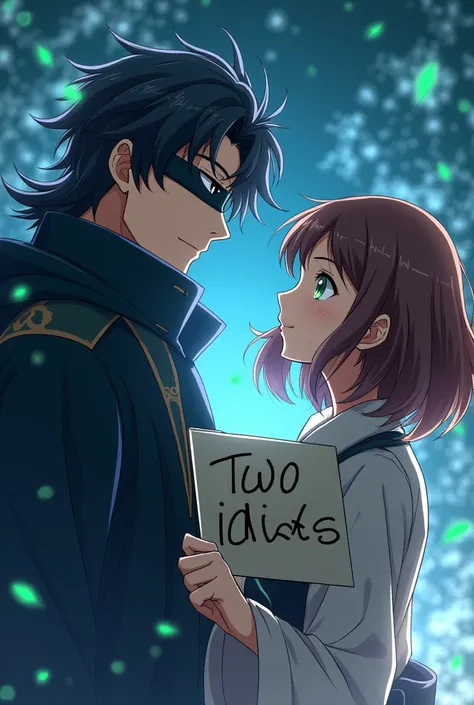 Gojo Satoru from a magical battle without a blindfold,  Looking at a girl .  She has brown hair below her shoulders , wavy.  The girls eyes are green .  She is holding a sign ,  that says : "Two idiots ".  high quality ,  Anime style .  Glossy colors 