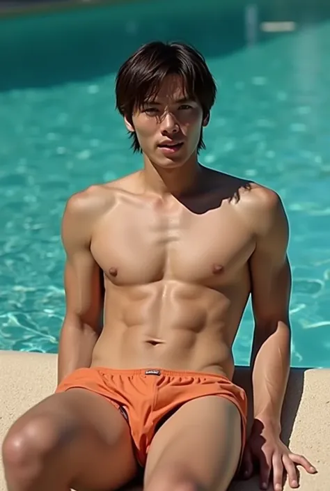 high resolution, masterpiece,  Best Quality,  high detail ,  very detailed ,  Ultra HD, brown short layered hair, asian man, wear very tight very short swim suit, background swimming pool, full body including legs, twink, big butt, big thigh, big forearm, ...