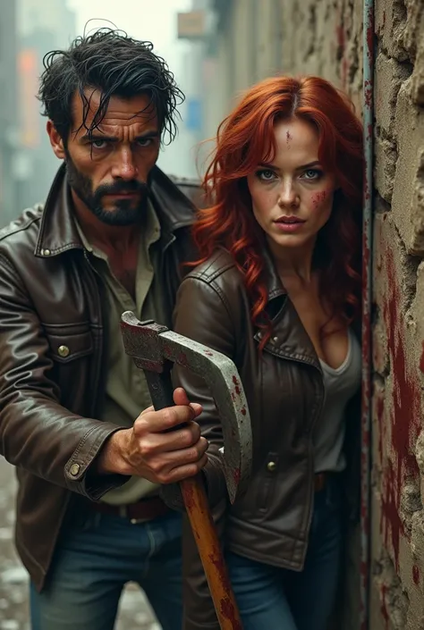  A zombie apocalypse survivor using a bloody pickaxe ,  is hiding behind a sweaty punch waiting for a horde of zombies to pass,  with his gorgeous red-haired wife at his side ,  both in leather jacket and jeans in third person so that I can see the zombies...