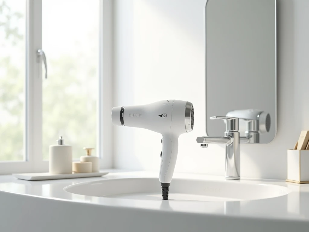 Create a product card for a multifunctional hair dryer . white bathroom. hair dryer lies on a ceramic sink. in the room there is a window and a mirror