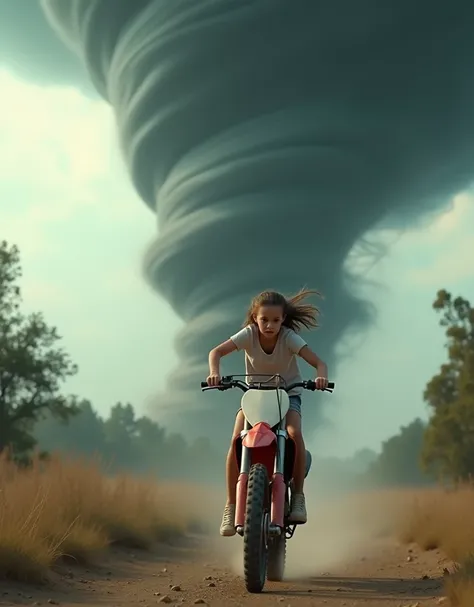  photo release , young girl with developing hair in shorts ,  t-shirt and sneakers rushes at us on a motorcycle ( motocross dirt bike ,and looks back , a huge terrifying wild mystical hurricane tornado is approaching her behind her, scary whirlwind funnel ...