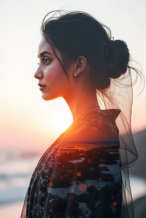 high quality, 8K Ultra HD, A beautiful double exposure that combines an goddess silhouette with sunset coast, sunset coast should serve as the underlying backdrop, with its details incorporated into the goddess , crisp lines, The background is monochrome, ...