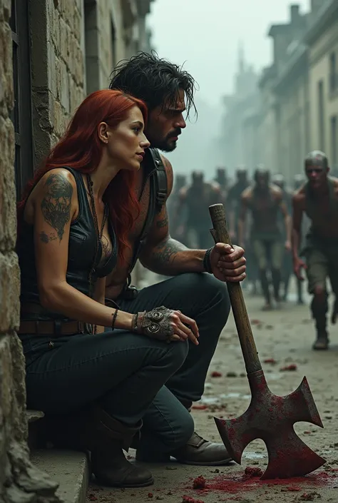  A zombie apocalypse survivor using a bloody pickaxe ,  is hiding behind a sweaty punch waiting for a horde of zombies to pass,  with his gorgeous red-haired wife at his side , both wearing leather jackets and jeans in third person so I can see the zombies...