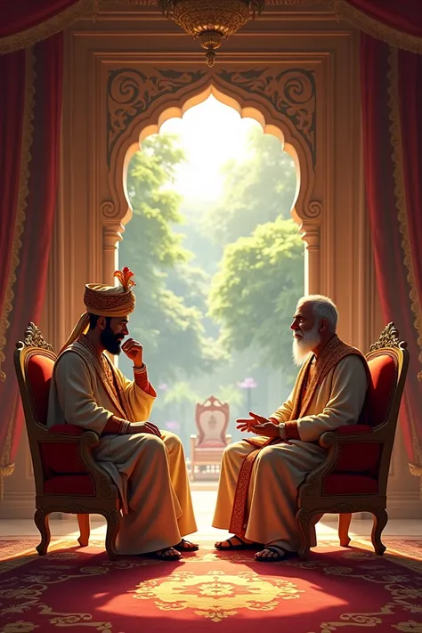 "A royal palace room with Emperor Akbar and Birbal sitting on two regal chairs. Akbar is dressed in traditional Mughal attire, wearing a turban, and Birbal is wearing a similar royal outfit. The room is decorated with rich tapestries, luxurious furniture, ...