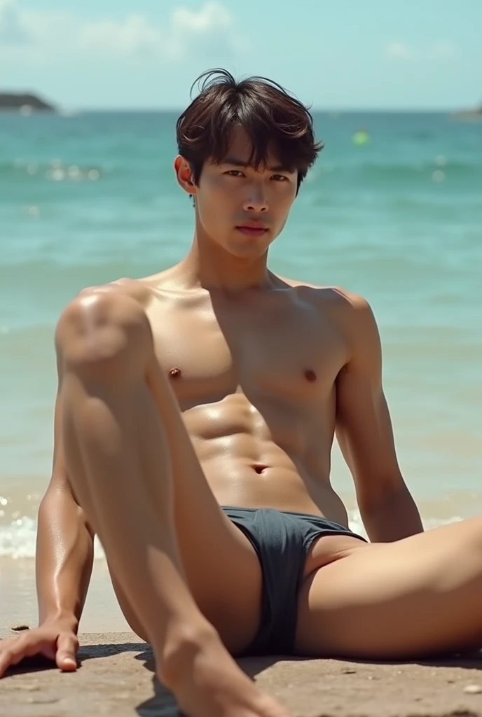 high resolution, masterpiece,  Best Quality,  high detail ,  very detailed ,  Ultra HD, brown short layered hair, asian man, wear very tight very short triangular swim suit, background sea and beach, full body including legs, twink, big butt, big thigh, bi...