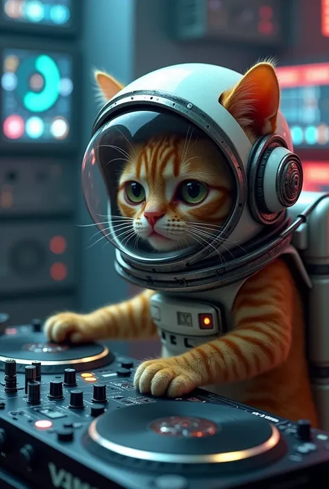 Coffee cat with astronaut helmet mixing on a DJ console

