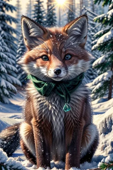 Cartoon smiling fox cub, emerald eyes, playing with cone, close-up, sunshine, snow, frost, pine branches Aesthetic, Beautiful, Realistic, Professional Photo, High Detail, High Resolution, Beautiful, Aesthetic, Soft Lighting