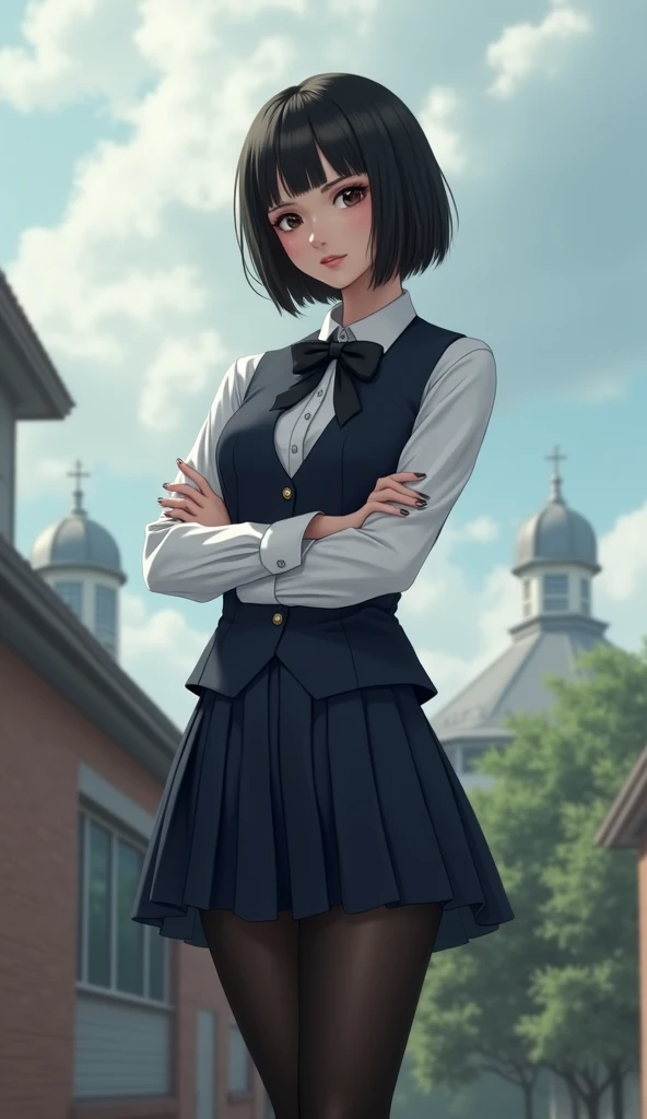 young woman with Latin features,  short straight black hair ,  black eyes,  Long sleeve white blouse ,  a black bow tied around the neck , From the blouse , navy blue vest,  navy blue pleated miniskirt,  long black stockings ,  standing on the roof of a sc...