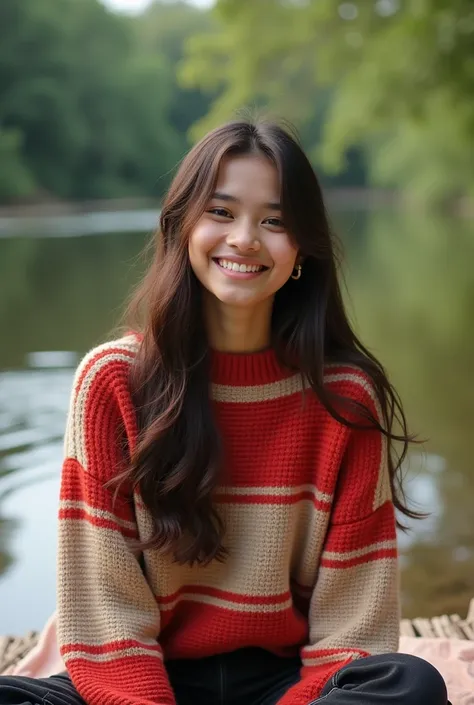  A very beautiful 20-year-old Indonesian woman with smooth skin and long brown hair up to sparkling black,  and sparkling brown eyes .  He wears a striped knit sweater bright red and light beige and black jeans .  He sits by the river on a cozy blanket ,  ...