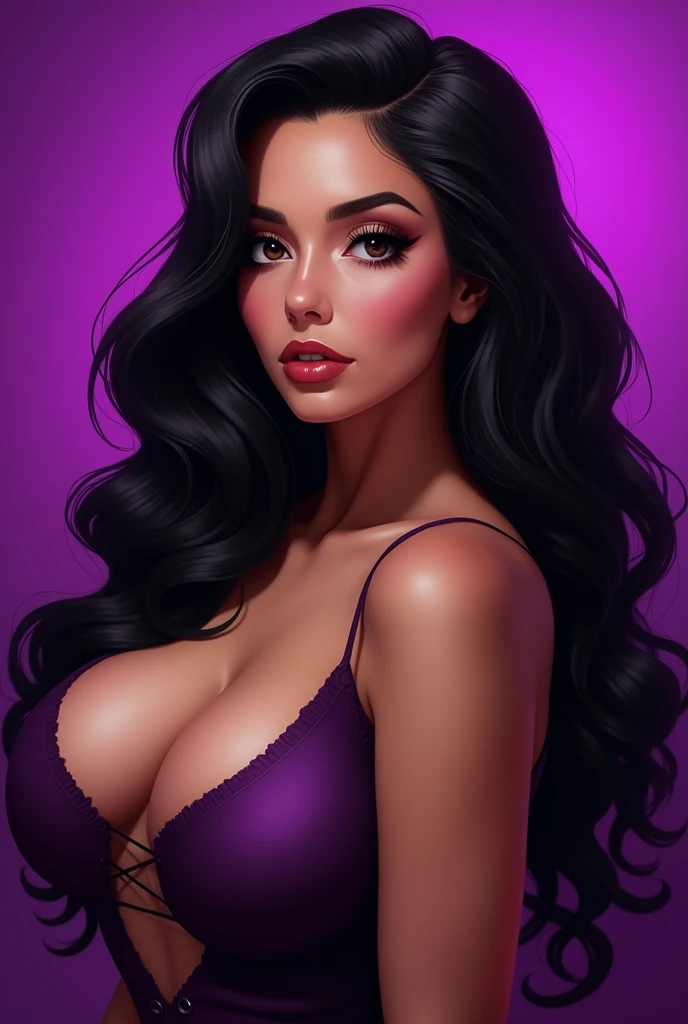  Hair is black long Lasio , brown eyes, flat nose thick lips breasts 40D, chubby,sexy, cachetona,purple background 