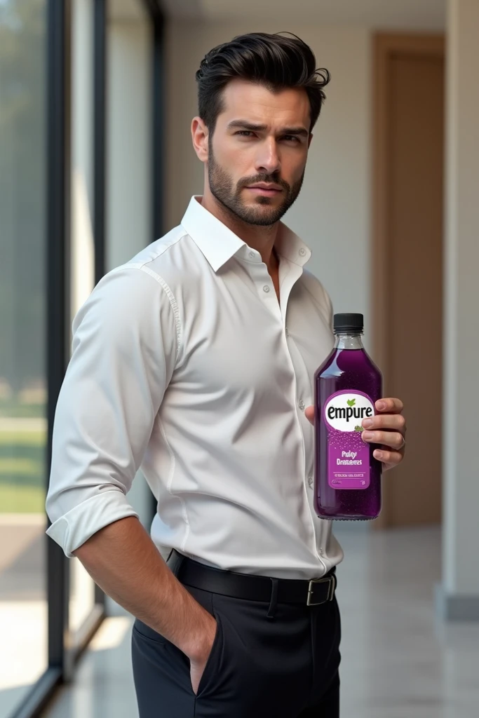 Generate hyper realistic picture of a handsome man  who carrying a 200ml juice bottle of “Empure” which is pulpy grape.