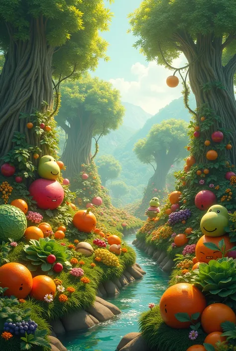 Help create a forest full of vegetables, apples, oranges, turnips, cabbage, grapes, kiwis, maize, rice, wheat and water.