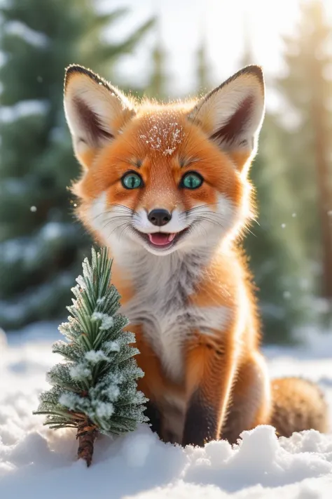 Cartoon smiling fox cub, emerald eyes, playing with cone, close-up, sunshine, snow, frost, pine branches 

Aesthetic, Beautiful, Realistic, Professional Photo, High Detail, High Resolution, Beautiful, Aesthetic, Soft Lighting