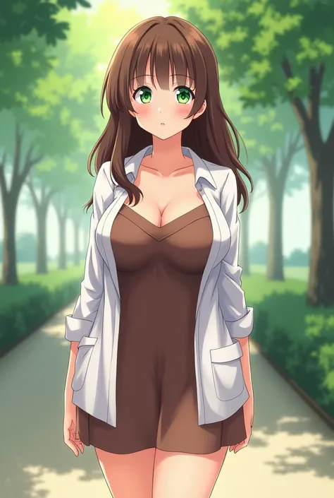 Anime-style illustration of a woman with long brown hair and striking green eyes. She has a curvy and voluptuous figure and is dressed in a white open shirt as an outer layer over a brown slip dress. The setting is a serene park, with the background featur...