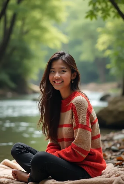  A very beautiful 20-year-old Indonesian woman with smooth skin and long brown hair up to sparkling black,  and sparkling brown eyes .  He wears a striped knit sweater bright red and light beige and black jeans .  He sits by the river on a cozy blanket ,  ...