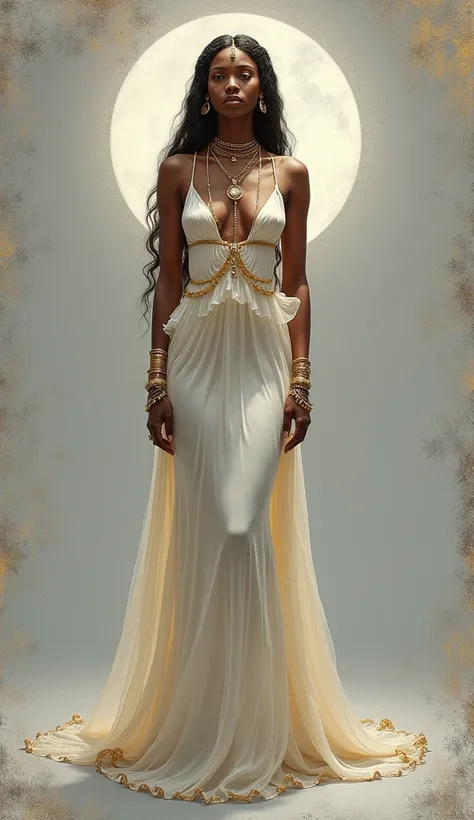 miniature painting。Beautiful Moon Goddess。whole body。Ancient African Goddesses。silver plain background。