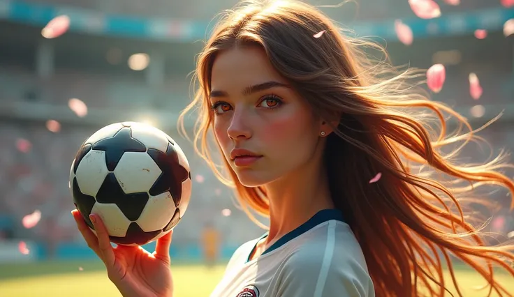 1 girl, soccer player, (masterpiece, side light, delicate and beautiful red eyes: 1.2), masterpiece, realistic, glowing eyes, brown hair, shiny hair, dark hair, long hair, shiny skin, solo, awkward, , delicate, beautiful, holding balon. fluttering petals, ...