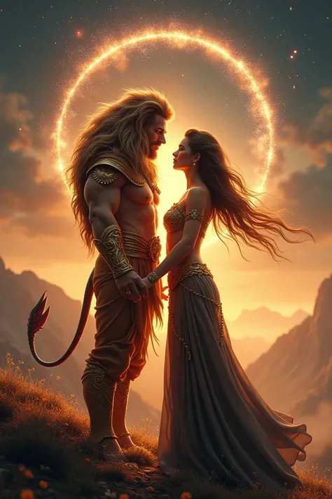 
" A romantic scene in a fantasy setting ,  with a man and a woman representing the signs of Leo and Scorpio in humanoid form,  with physical and symbolic features that reflect the essence of his signs .

The Man,  of majestic presence ,  has a voluminous,...