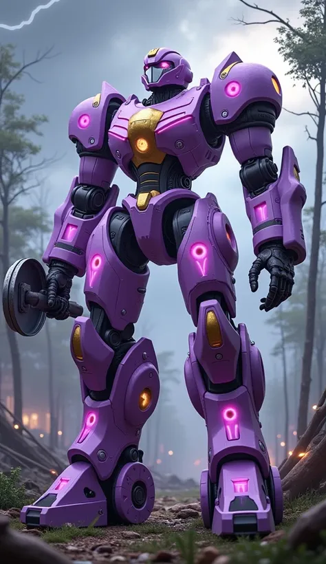 "A massive muscular warbot inspired by Rapunzel from Disneys Tangled, standing in a warzone. The warbot’s body is armored with light purple and gold panels, reflecting the colors of Rapunzels gown and the golden strands of her hair. Neon light pulses from ...