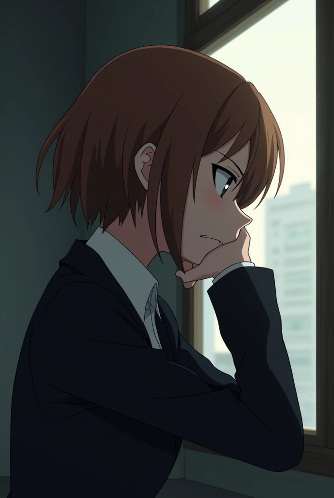  Anime girl with short hair pointed on her sides brown ,  in profile with an arm stuck in her face with a gesture of anger and boredom, Black suit, In profile looking out a window , Hand in the face under the chin  ,  boring nosralgi walk out the window