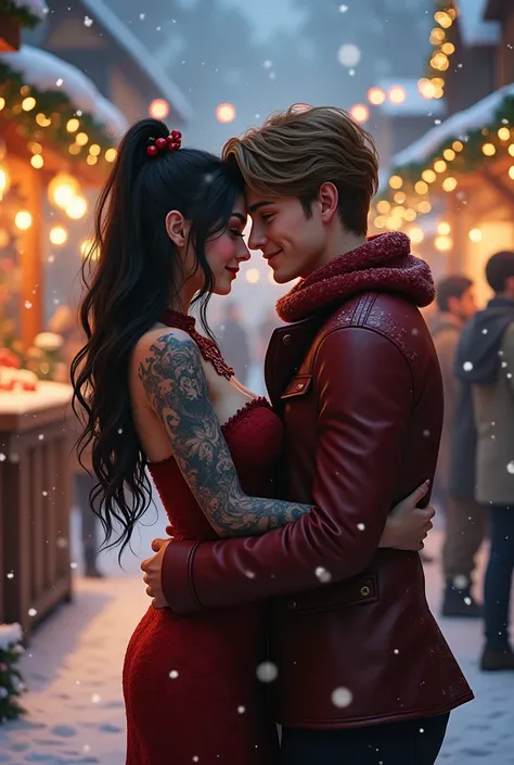 Christmas theme,Couple, Female with tattoos raven black hair hazel eyes, Male with light brown hair and hazel eyes