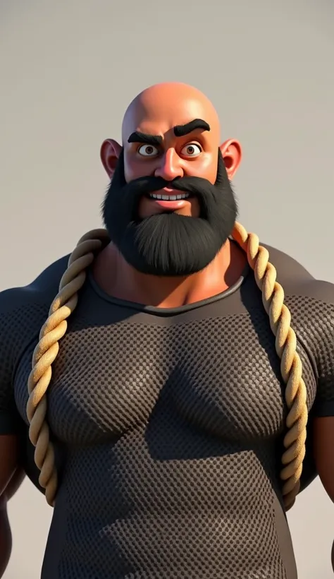 3D animation of a bald dark brown black man with dad bod with a full beard and mustach wearing a mesh t shirt with hemp rope draped over his shoulds smirking