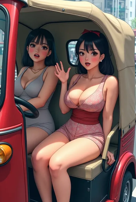 Japanese women with big tits sitting inside of a autorickshaw and calling a person with her hands