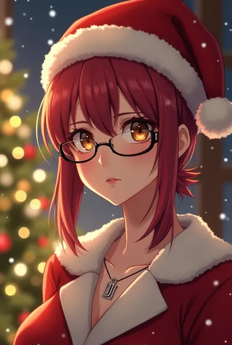  anime-style adult woman with a confident expression, with a serene and decisive look . Her eyes are brown and her hair is reddish , , shaved on the sides and with a little longer on the top.  He wears elegant glasses and a small silver necklace with a J s...