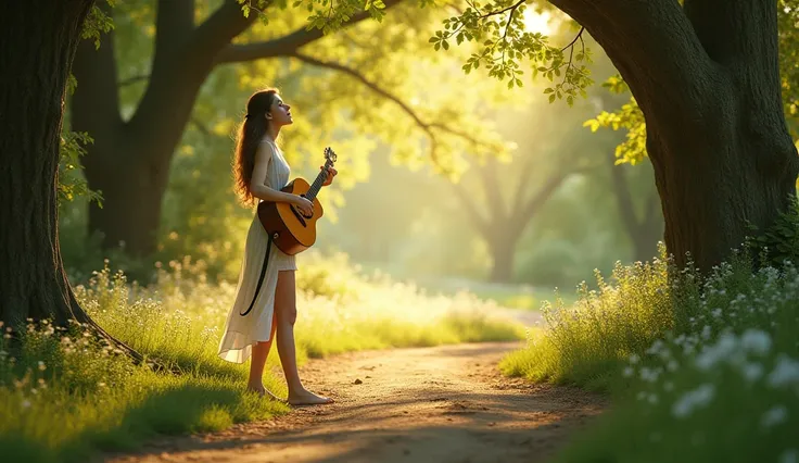  Create an ultra realistic image of a slender young woman, Playing the guitar and singing, on a tree-lined path on a sunny day 