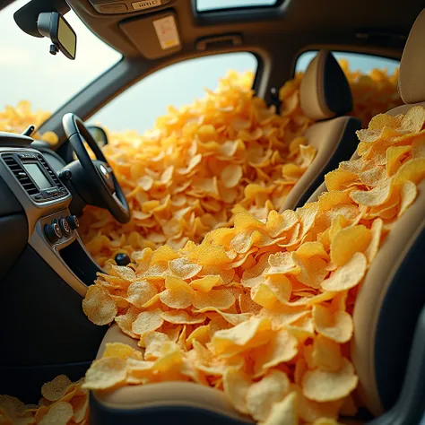 Voiture remplie de chips (Interior view).