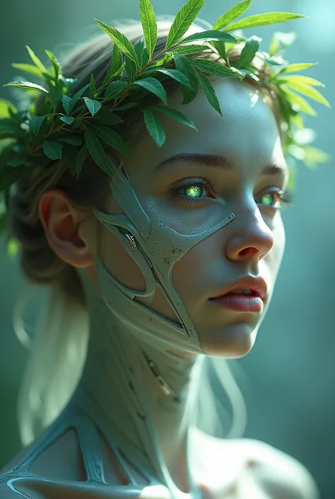 The goddess, Fortuna wearing a wreath of laurel leaves, glowing eyes, head to breast, silicone cybernetics. High Resolution, Masterpiece, Award Winning, Best Quality, High Details, High Quality, UHD, Optical Illusion, Impressionism, Art Deco, Cinematic, Ci...